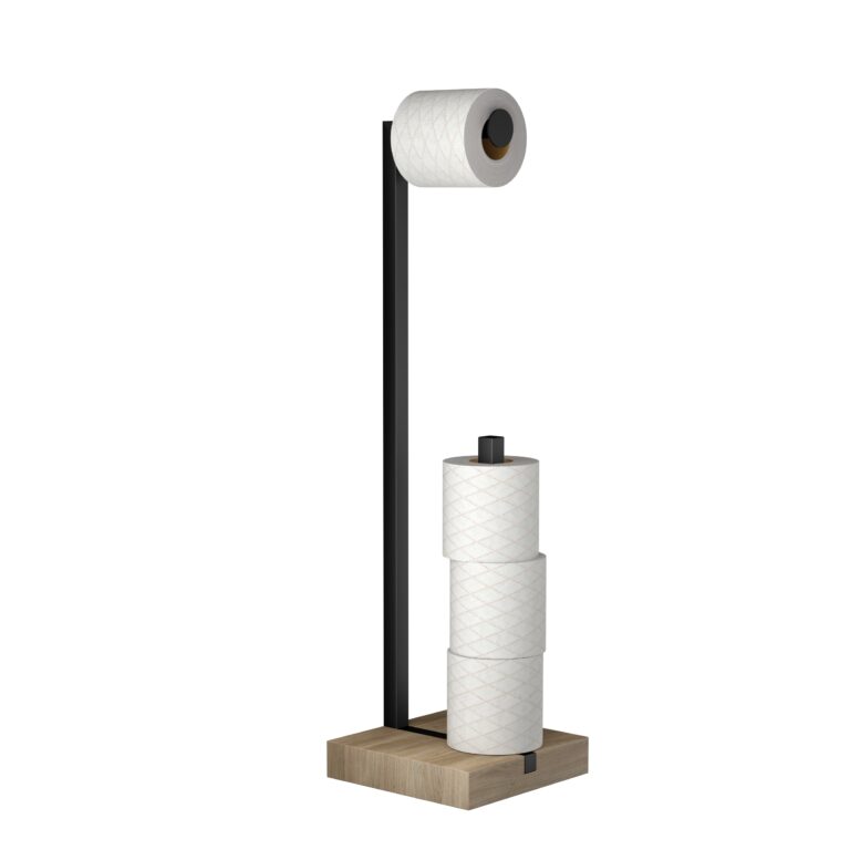 Toilet paper and supply stand with wooden base